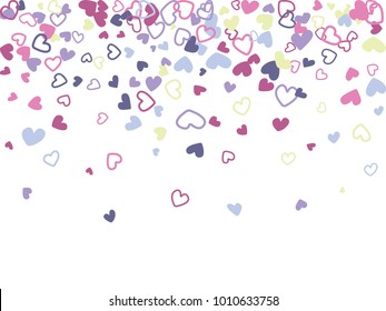 Blue and pink Valentine's day scatter of doodle hearts banner or card template. Flying heart confetti airy vector. Holiday decoration with tenderness symbols confetti flying, love background vector