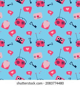 Blue Pink Valentines Day seamless pattern with different love symbol elements. Vector illustration in simple retro style