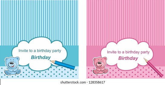 Blue and pink  vector card or invitation for birthday or baby shower party with sweet vintage strips and white polka dots