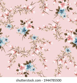 blue and pink vector flowers with brown leaves bunches pattern on pink background