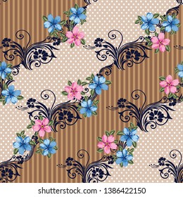 blue and pink vector flowers pattern on stripe retro background