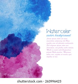 Blue and pink vector watercolor background. Card with watercolor splashes and text template. Invitation card.