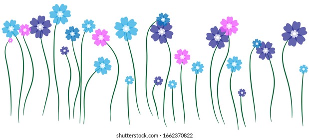 Blue, pink and violet flowers on green stems. Simple background. Vector Illustration.