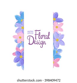 Blue, Pink and Violet Forget-me-not Floral Border. Flowers Arranged in a Shape Of  Frame on White Background and Place For Text. 