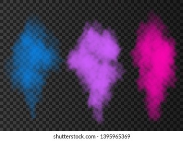 Blue, pink, violet smoke burst  isolated on transparent background.  Color steam explosion special effect.  Realistic  vector  column of  fire fog or mist texture .