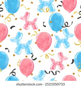 Blue and pink watercolor balloons seamless pattern. Vector baby shower party illustration. Celebration background