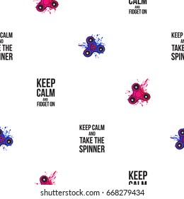 Blue and pink watercolor fidget spinner with paint splashes and slogans. Seamless patterns. Vector hand drawn fashion illustration on white background in watercolor style