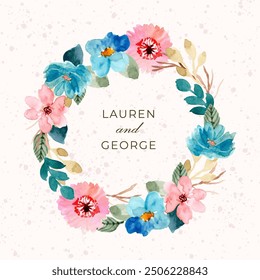 blue pink watercolor floral wreath