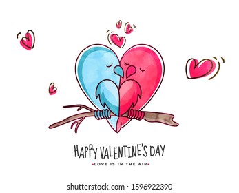 Blue and Pink Watercolor Loving Birds Couple Sitting on Branch with Hearts for Happy Valentine's Day Celebration.