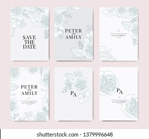 Blue and Pink Wedding Invitation, floral invite thank you, rsvp modern card Design in white rose with  leaf greenery  branches decorative Vector elegant rustic template