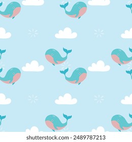 A blue and pink whale is shown in a pattern of many other whales