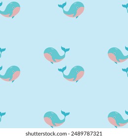 A blue and pink whale is shown in a pattern of many other whales
