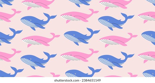 Blue and pink whales seamless pattern. Sea animal. Undersea life. World whale day. Baby nursery. Background, banner, digital paper, wallpaper.