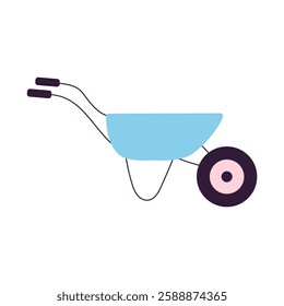 A blue and pink wheelbarrow with a pink wheel. It is a simple design with a focus on the colors. The blue and pink combination creates a cheerful and playful mood