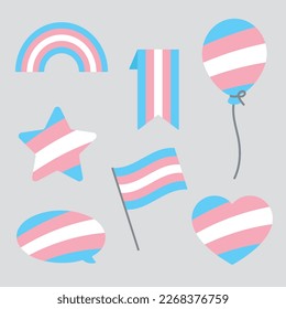 Blue, pink and white colored speech bubble, star, heart, balloon, flag and rainbow icons, as the colors of the transgender flag. LGBTQI, pride month concept. Flat vector illustration.