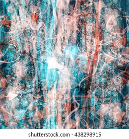 Blue, pink, white grunge background. Spots, scratches, streaks, wavy strips, thin straight lines, triangular elements, stylized feathers. Abstract seamless vector pattern.