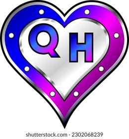 Blue, pink and white metallic heart with letters Q and H, shiny vector illustration, amazing love, passion and happiness vector, illustration for valentine couple. God is good!