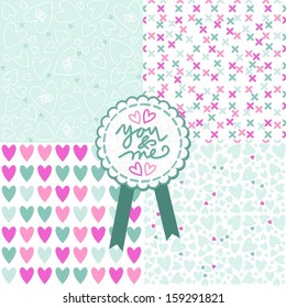 blue pink white romantic messy heart pattern scrapbook paper set with retro shaped crackle you and me label with blue ribbon