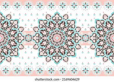 Blue, pink and white seamless pattern with mandala ornament. Traditional Arabic, Indian motifs. Great for fabric and textile, wallpaper, packaging or any desired idea.