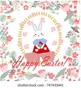 Blue pink wild flower and leaf seamless pattern,rabbit bunny and Easter egg botanical tropical woodland style,Printable Merry Christmas or Happy New year invitation card background illustration vector