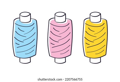Blue, pink and yellow colors thread spool set isolated vector illustration.