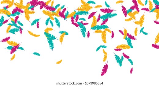 Blue pink yellow feather ethnic background vector print. Tender background with plumelet. Flying feather elements cute vector design for card, banner.