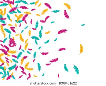 Blue pink yellow feather ethnic background vector pattern. Beautiful background with plumelet. Flying feather elements cute vector design for card, banner.