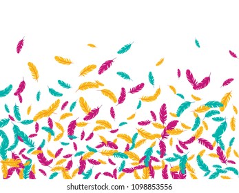 Blue pink yellow feather ethnic background vector print. Smooth background with plumelet. Flying feather elements cute vector design for card, banner.