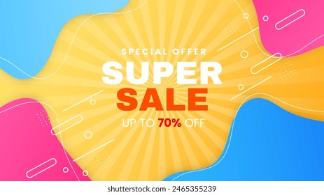 Blue pink and yellow vector special discount super sale background. Vector super sale template design. Big sales special offer. End of season party background