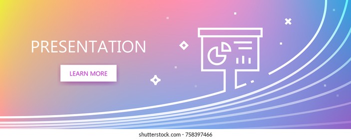 Blue, pink, yellow and violet colored vector banner with presentation word and presentation chart icon in art ine style.