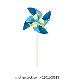 Blue Pinwheel Toy with Paper Curl Attached to Stick Vector Illustration