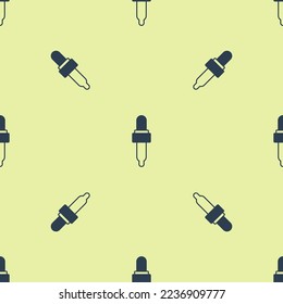 Blue Pipette with oil icon isolated seamless pattern on yellow background. Element of medical, chemistry lab equipment. Pipette with drop. Medicine symbol.  Vector