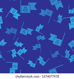 Blue Pirate flag with skull icon isolated seamless pattern on blue background.  Vector Illustration