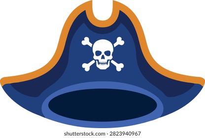 Blue pirate hat with skull and crossbones emblem and orange trim.