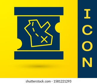 Blue Pirate treasure map icon isolated on yellow background.  Vector Illustration