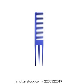 Blue pitchfork hair comb. Vector illustration comb for hair care. Cartoon grooming equipment of hairdresser isolated on white background. Barbershop, beauty concept