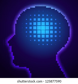 blue pixeated profile with idea symbol, vector illustration