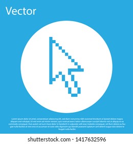 Blue Pixel arrow cursor icon isolated on blue background. White circle button. Vector Illustration