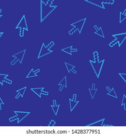 Blue Pixel arrow cursor icon isolated seamless pattern on blue background.  Vector Illustration