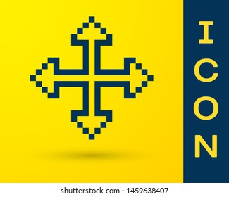 Blue Pixel arrows in four directions icon isolated on yellow background. Cursor move sign.  Vector Illustration
