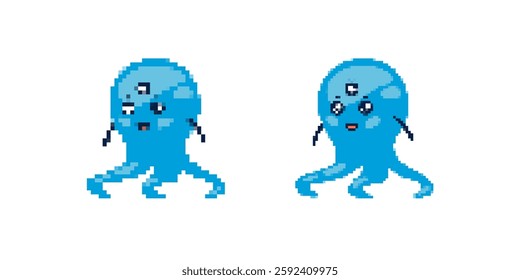 A blue pixel art octopus featuring three eyes. the design is playful, showcasing cartoon qualities.