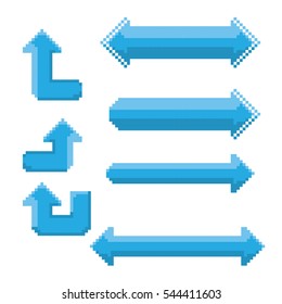 blue pixel art style arrows collection isolated on white background. vector blue arrow set for games and mobile applications.