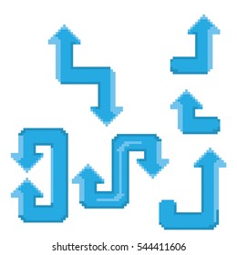 blue pixel art style arrows collection isolated on white background. vector blue arrow set for games and mobile applications.