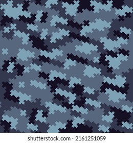 Blue pixel camo background, digital vector texture, textile seamless illustration.