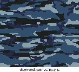 Blue pixel camouflage pattern, dark background, digital texture, seamless camouflage pattern