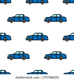 Blue pixel cars isolated on white background. Cute pixelated seamless pattern. Side view. Vector flat graphic illustration. Texture.