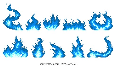 Blue pixel flames. Fire icons, arcade retro game effect, 8 bit video assets, burning process, magical effects, qualitative symbol, bonfire icons, cartoon flat style isolated vector set