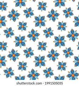 Blue pixel flowers isolated on white background. Cute floral seamless pattern. Vector simple flat graphic illustration. Texture.