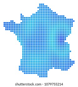 Blue Pixel France Map. Vector geographic map in blue color hues. Vector concept of France Map organized with regular square elements.