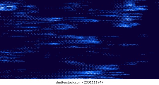 Blue Pixel Glitch Dither Effect Background. Abstract Noise Effect. Video Damage Error. Digital Signal Damage Visualization. VHS Overlay Texture. Vector Illustration.